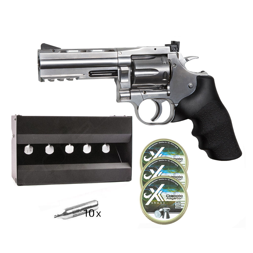 Dan Wesson 715 CO2 Revolver 4 Zoll Kal. 4,5mm Diabolos Silber im Plinking-Set